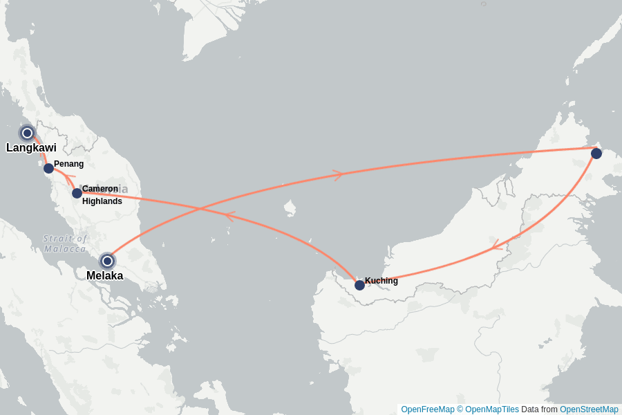 Itinerary Map image for Malaysia in 14 Days - Cities, Jungle & Highlands